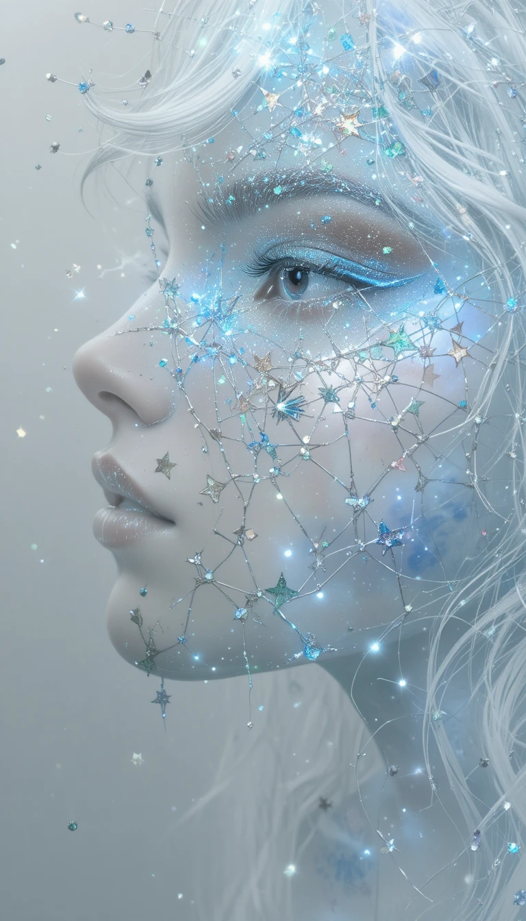 Portrait de fille en gros plan néon avec fond d’espace bleu cristal