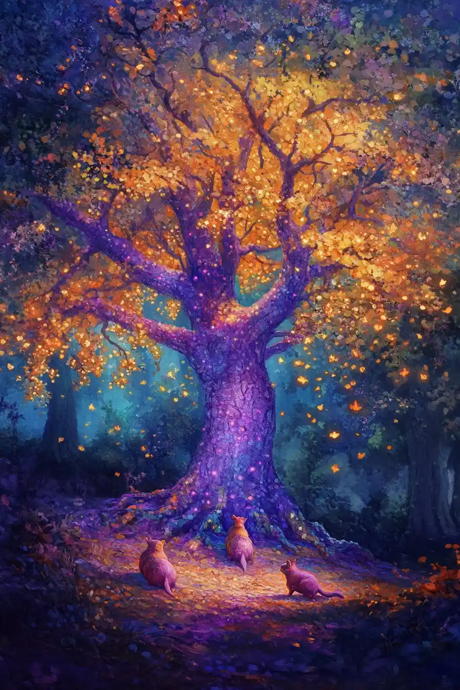 Magical oak tree in an enchanted autumn forest with squirrels