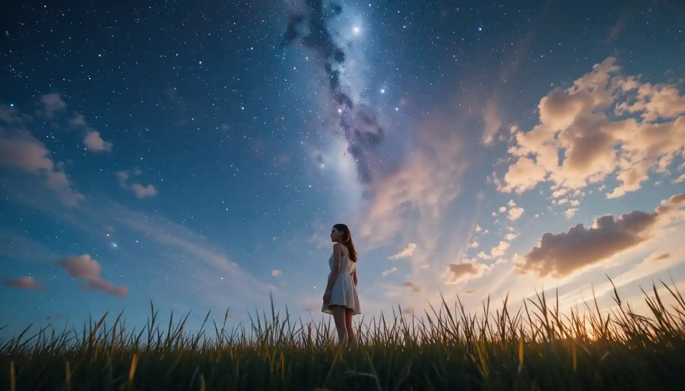 Girl standing on grass field looking up at starry sky