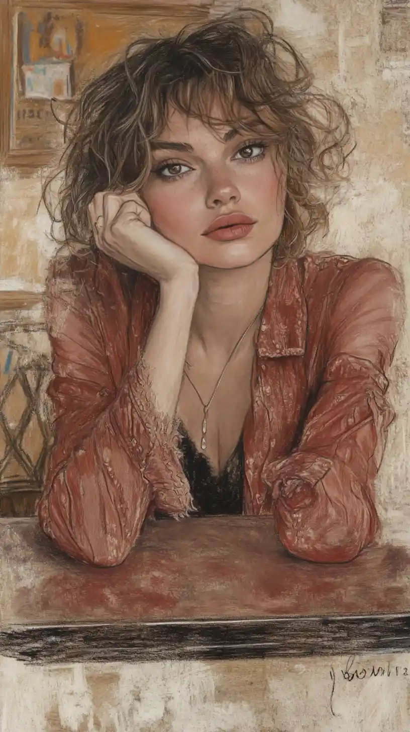 Slavic woman portrait at a quiet Parisian bistro table