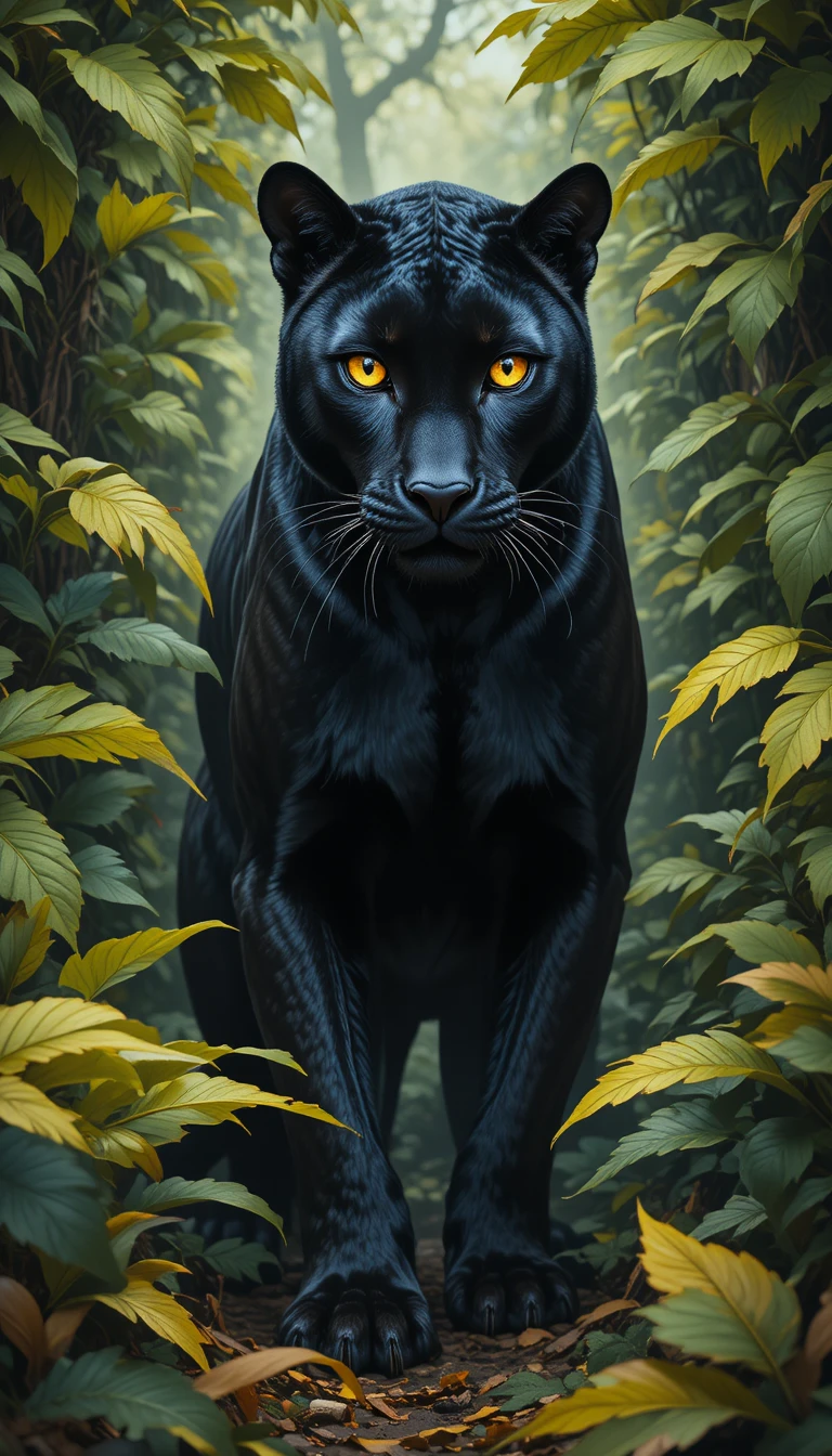 Black panther with golden eyes in a lush jungle