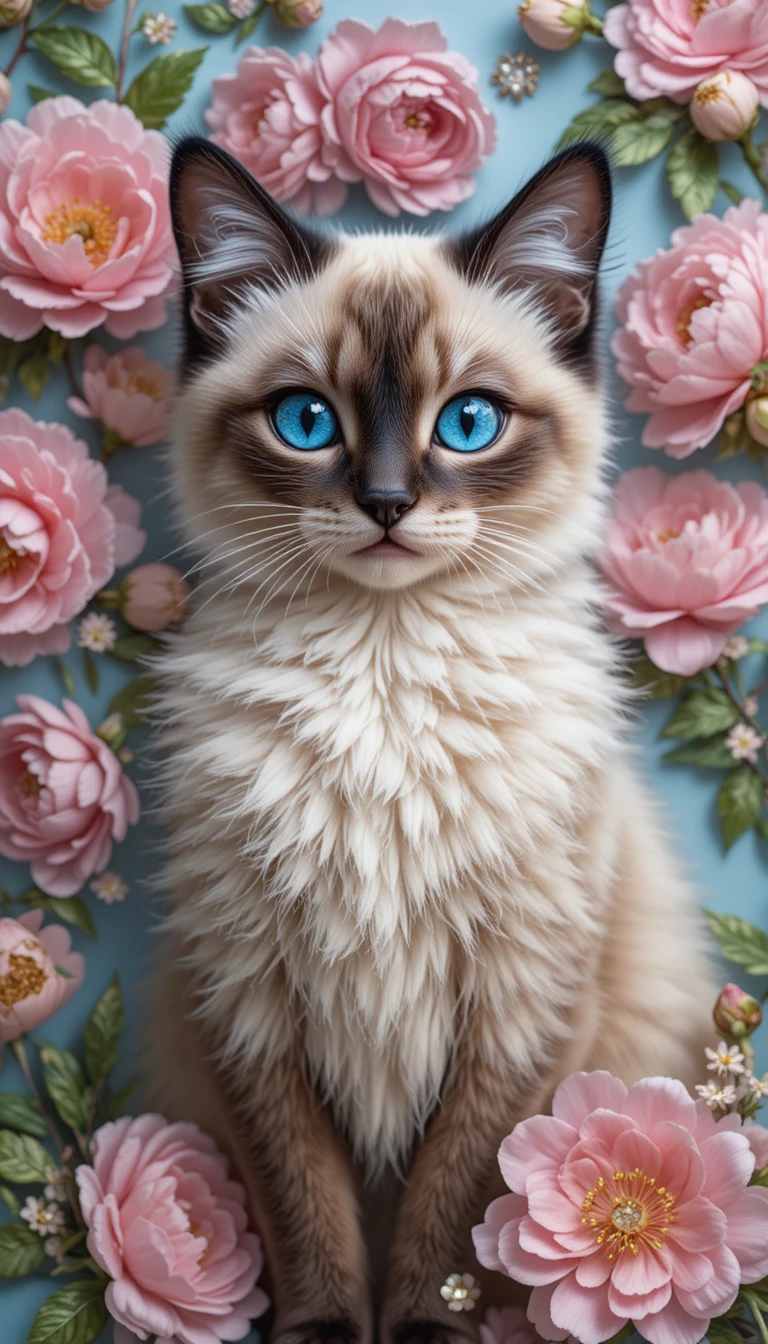 Gatto siamese ricamato con peonie rosa e sfondo pastello