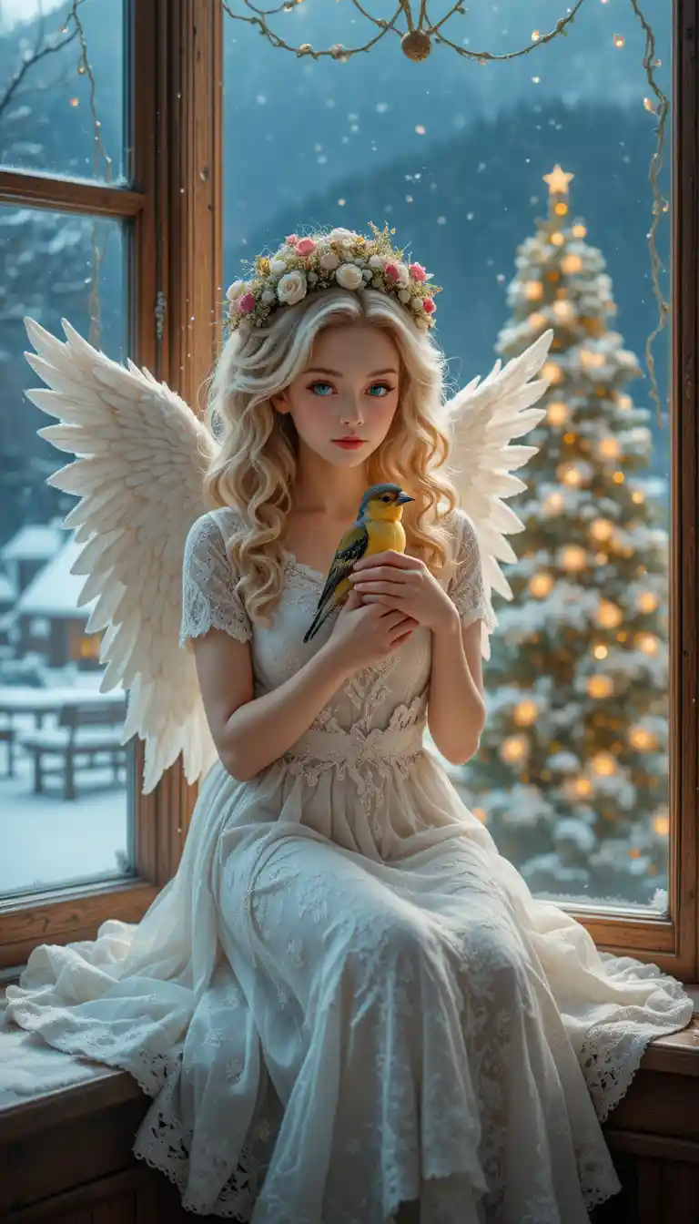 Blonde Angel Girl With Bullfinch On A Snowy Windowsill