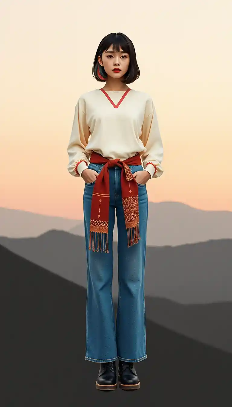 Modern hanbok fashion woman in surreal dreamy landscape