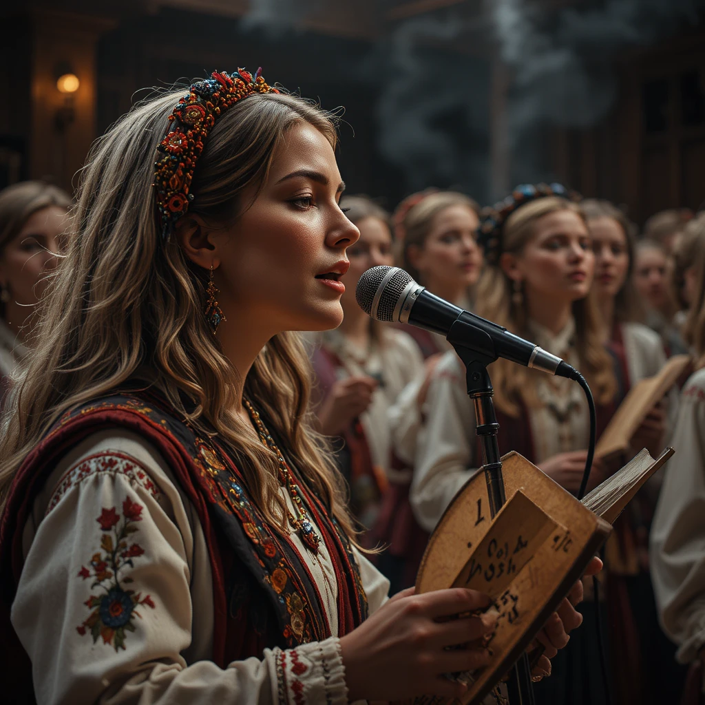 Gros plan d’une femme chantant un ancien chant rituel russe