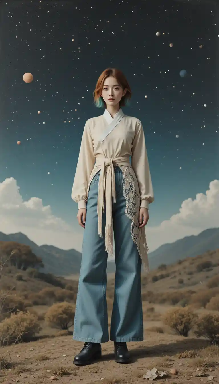 Woman in modern hanbok and jeans in surreal fantasy scene