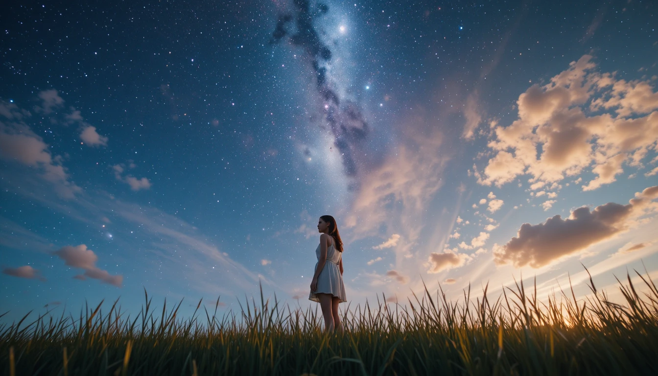 Girl standing on grass field looking up at starry sky