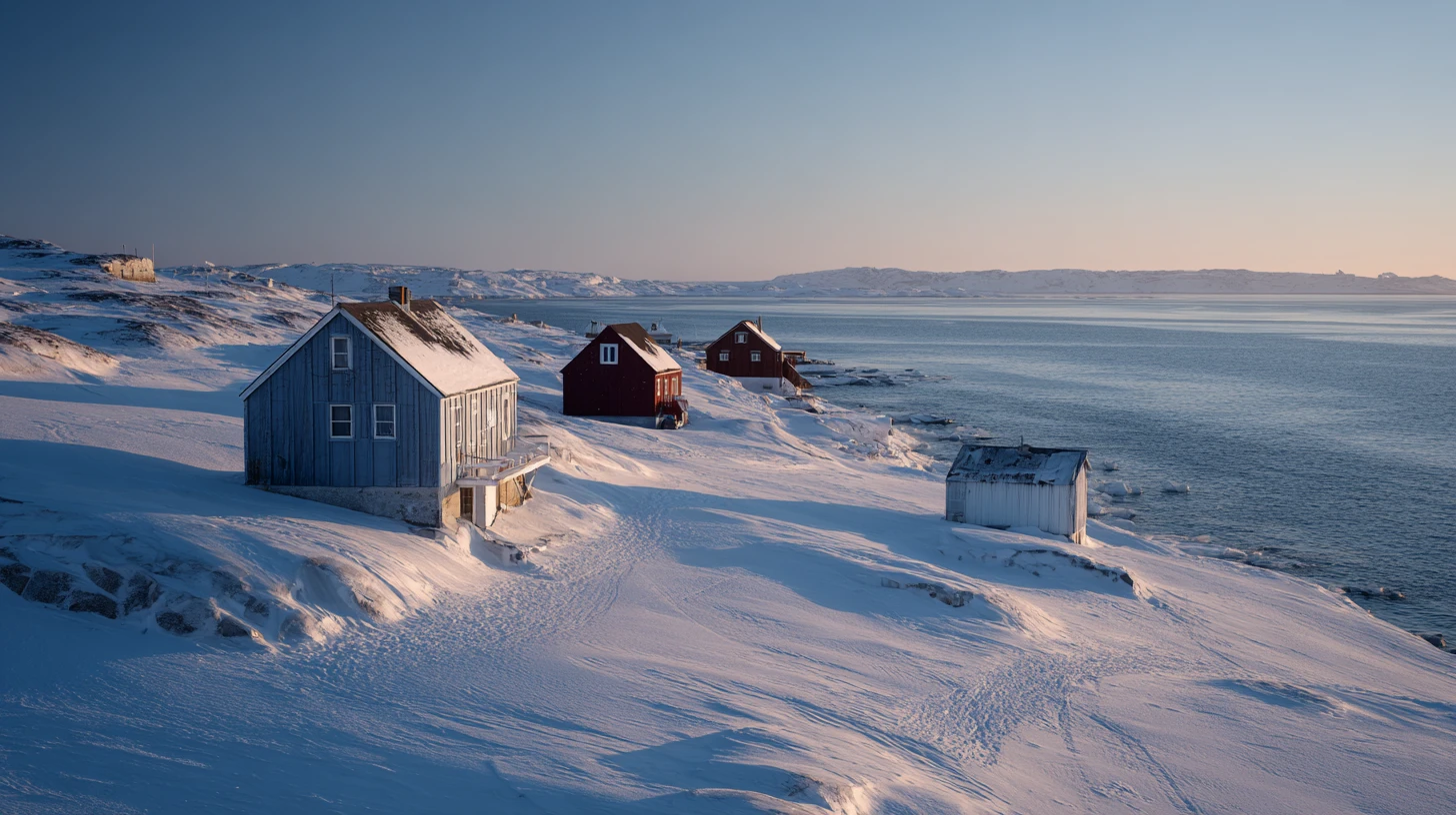 Vereinzelte Küstenhäuser an einer hellen Winterküste in Grönland