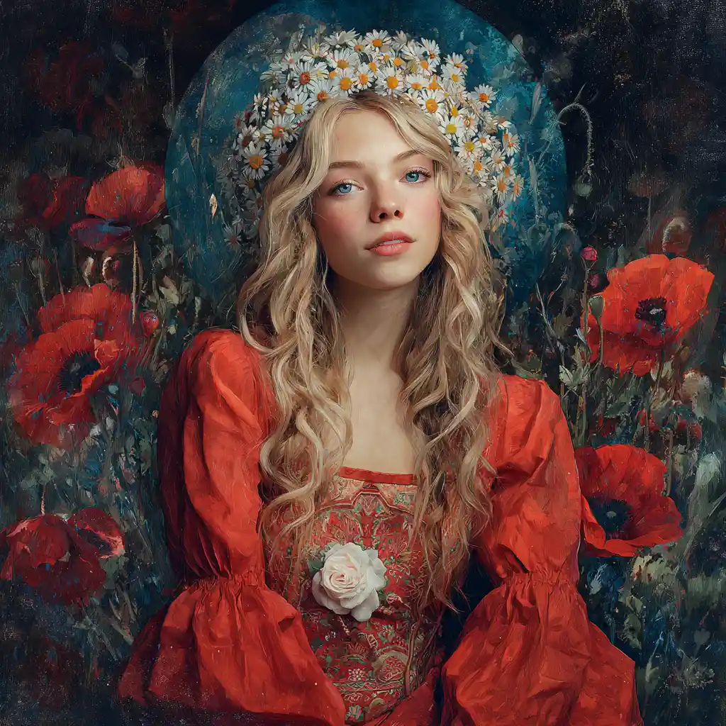 Joyful blonde girl portrait with floral watercolor background