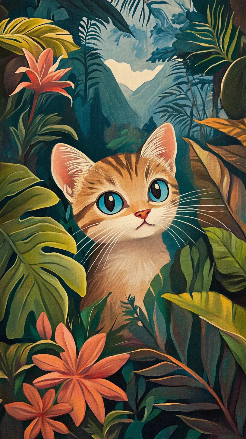Small tabby kitten among dandelions in a mountain meadow