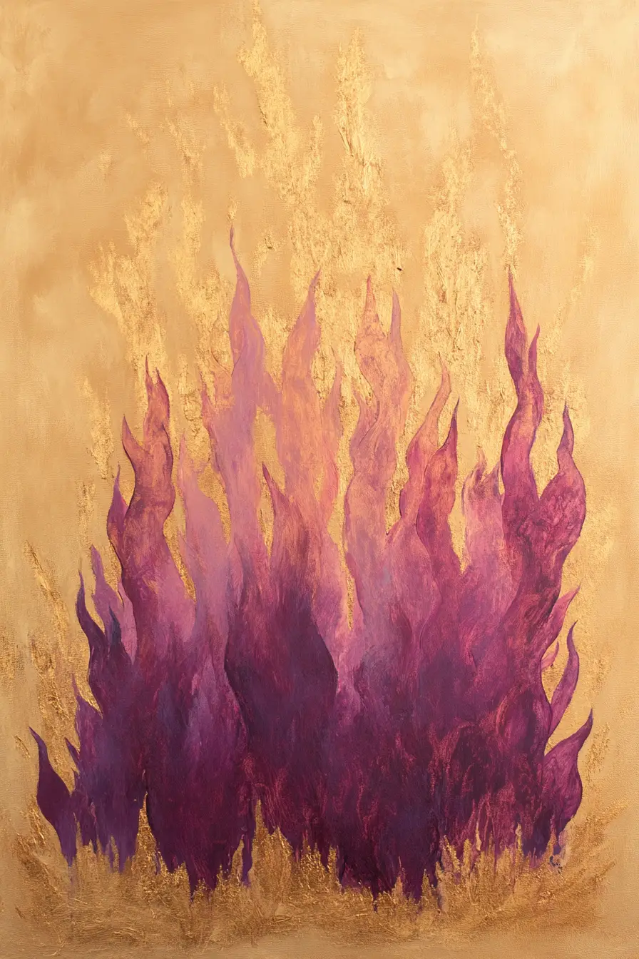 Surreal purple and gold flames on glowing abstract background