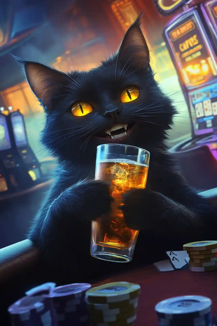 Anthropomorphic black cat gentleman with liquor in casino
