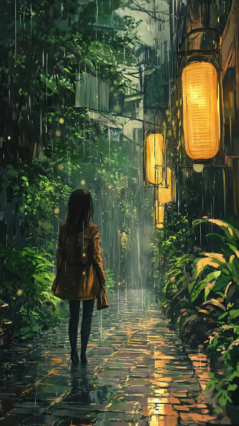 Anime woman in rain on forest path with warm lamps
