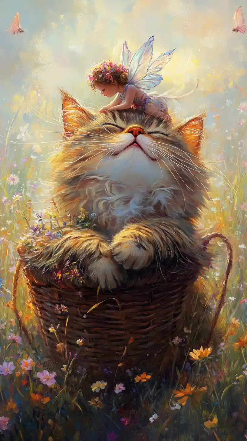 Sleeping persian cat with playful fairy in flower basket