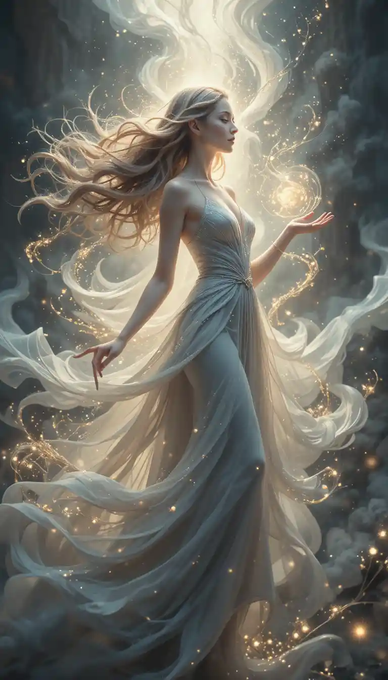 Elegant fantasy woman in flowing cosmic dreamscape