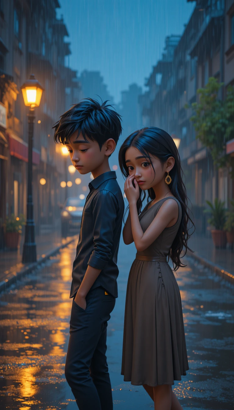 Heartbroken Indian couple standing apart in rainy night street