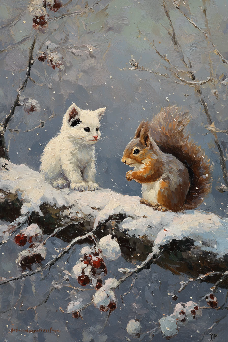 Gatito blanco y ardilla en una rama nevada del bosque