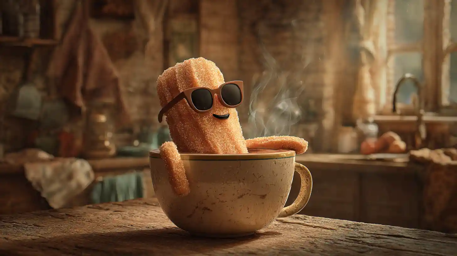 Cool churro relaxing in a cup of hot chocolate
