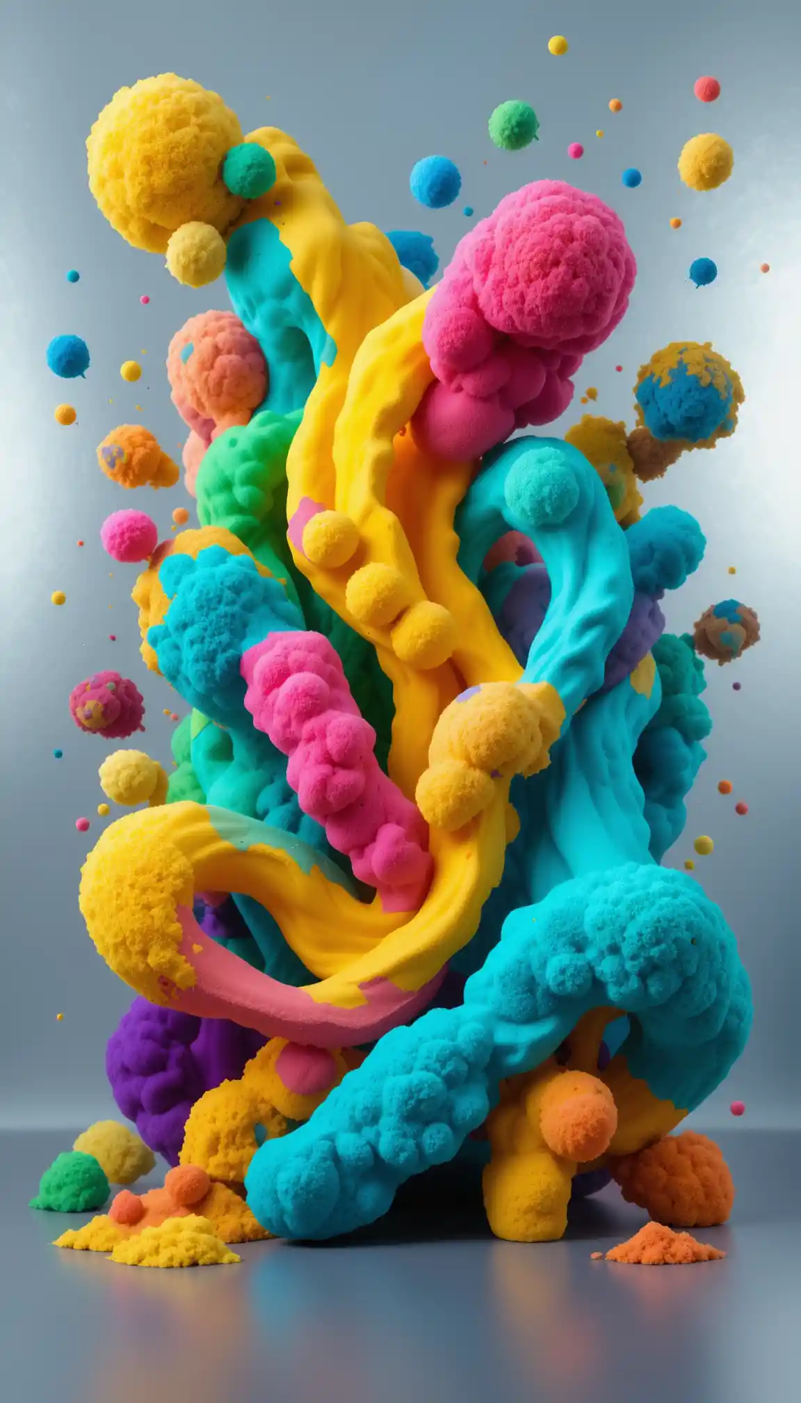 Forme 3D organiche e colorate in uno spazio argenteo minimal