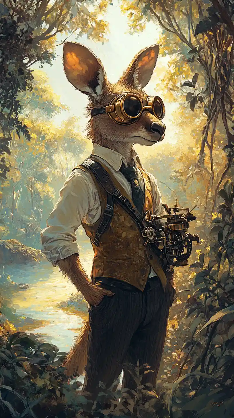 Steampunk kangaroo studying clockwork in sunny bushland