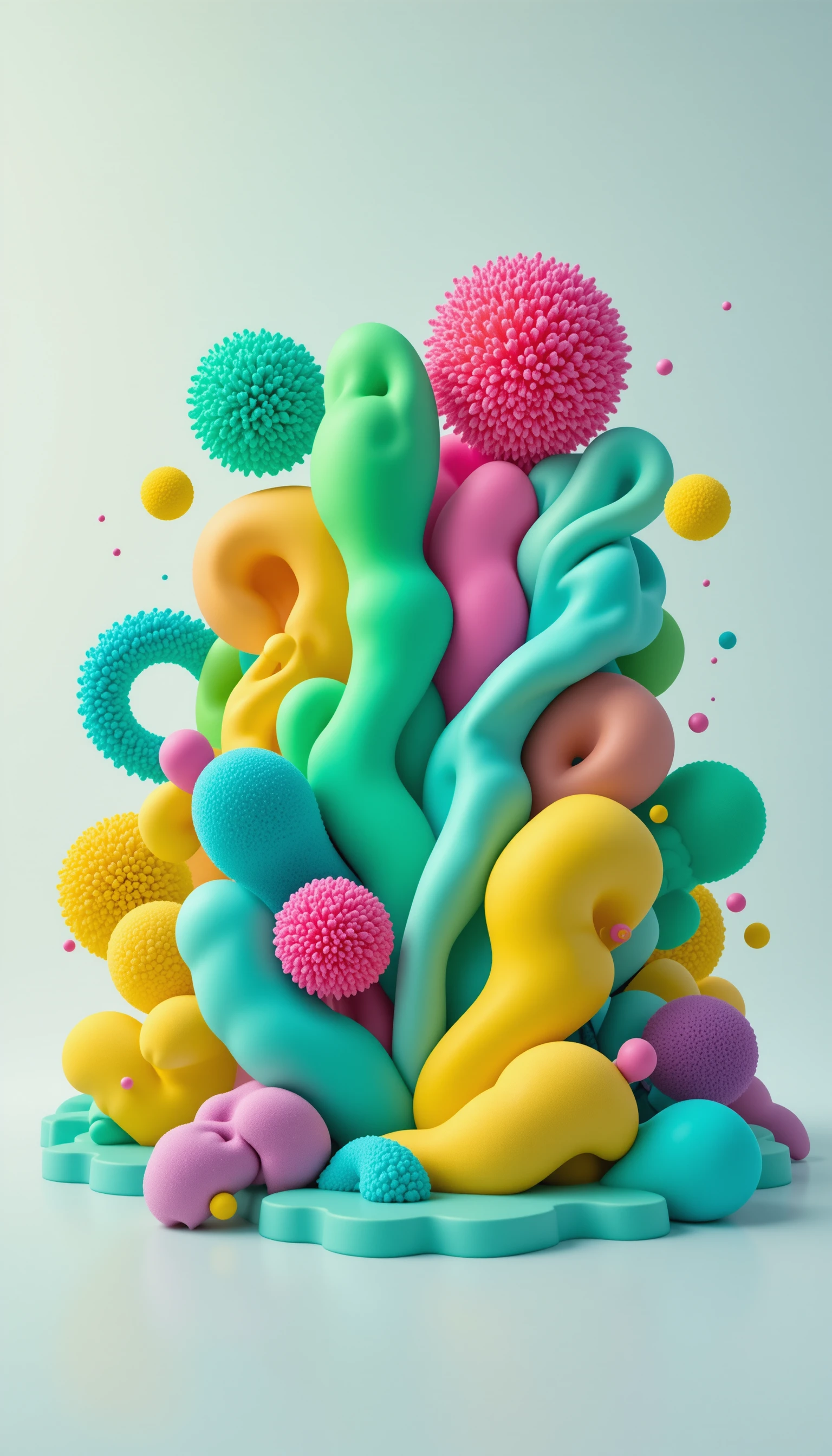 Formas orgánicas 3D coloridas en un espacio abstracto claro