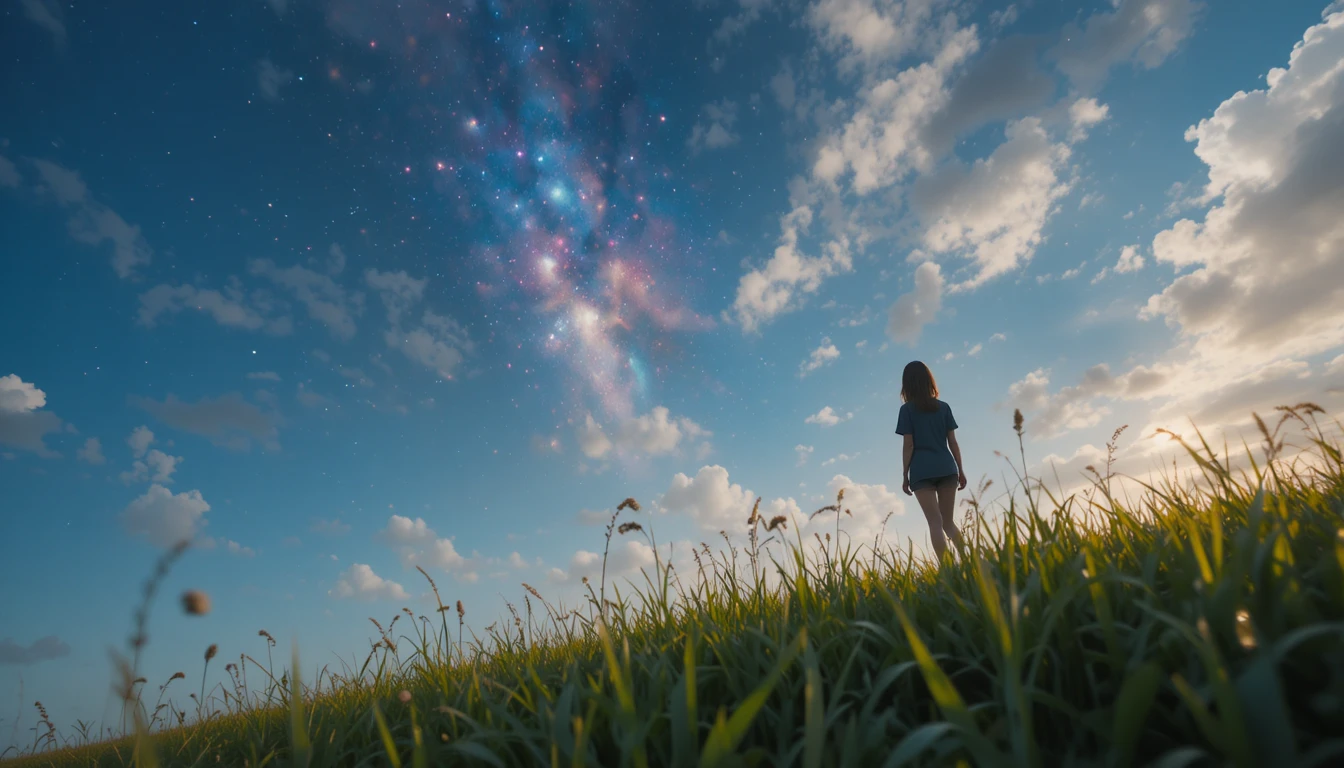 Girl standing on grass and gazing up at the starry sky