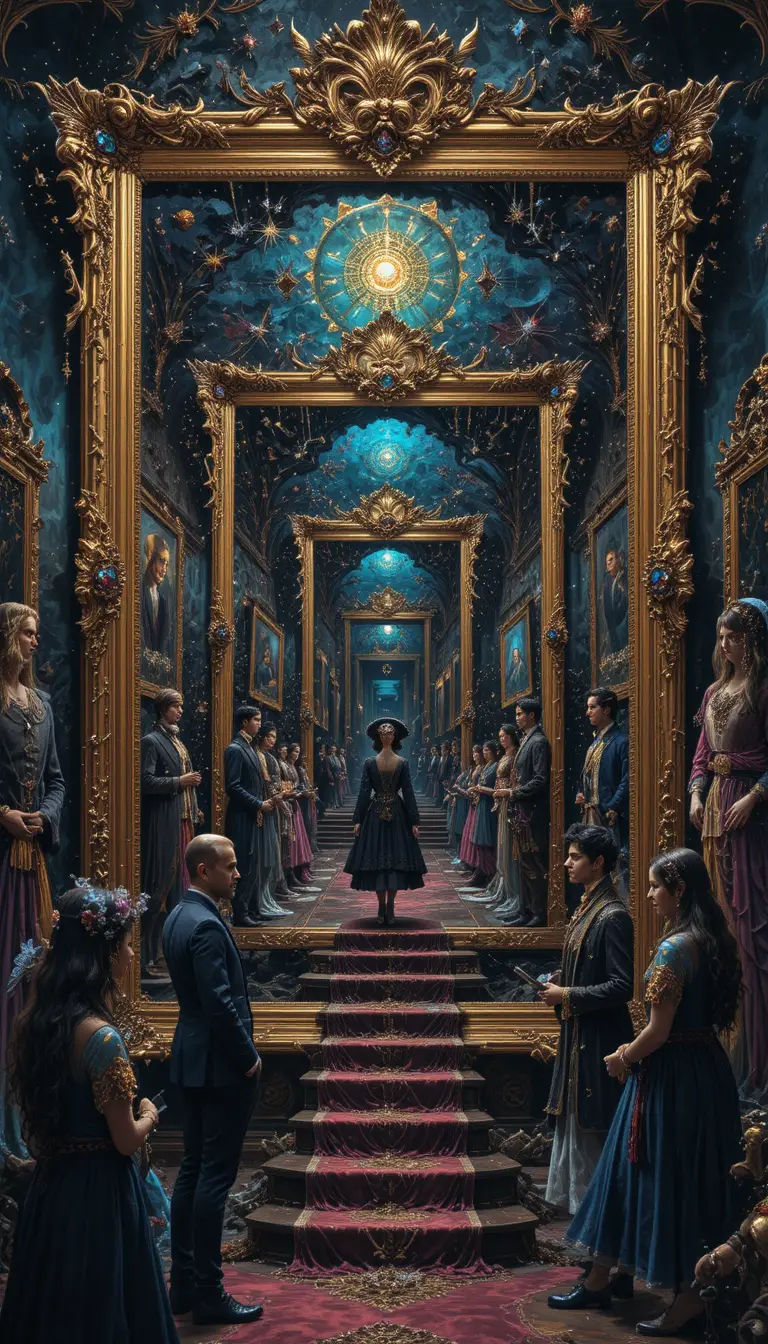 Surreal girl emerging from sparkling fantasy paintings