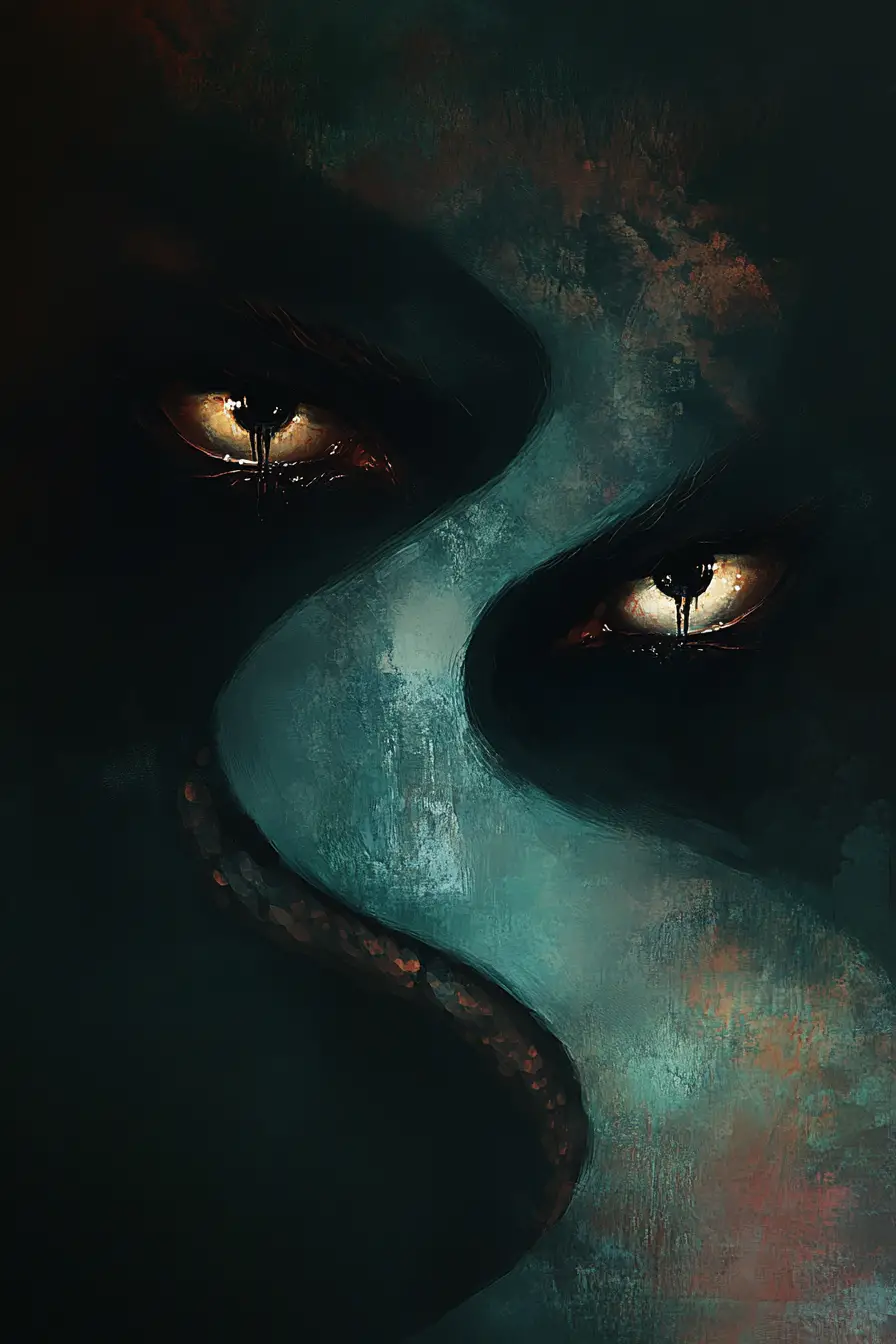 Foreboding figure emerging from darkness with knowing eyes
