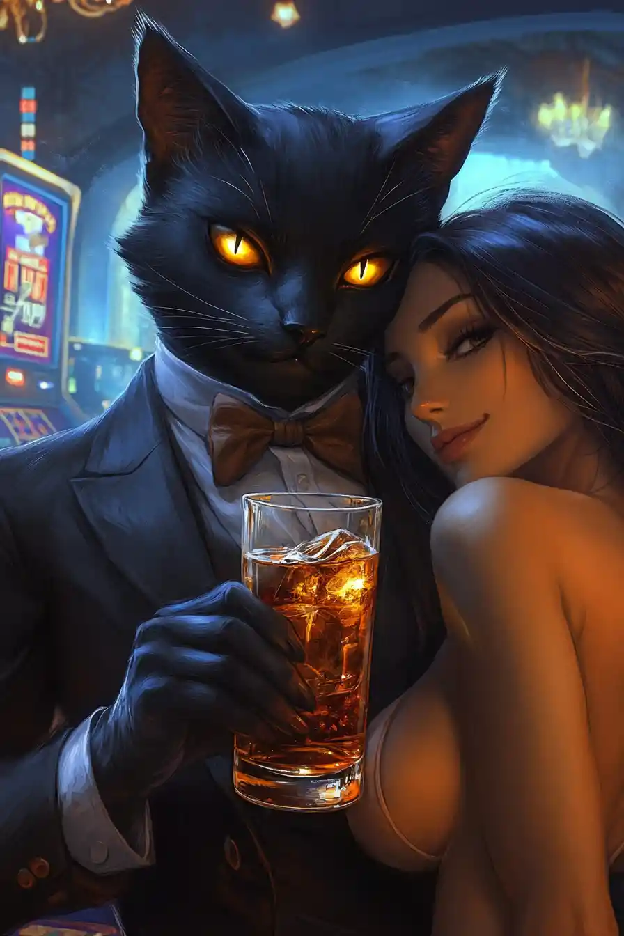 Anthropomorphic black cat gentleman with liquor in casino