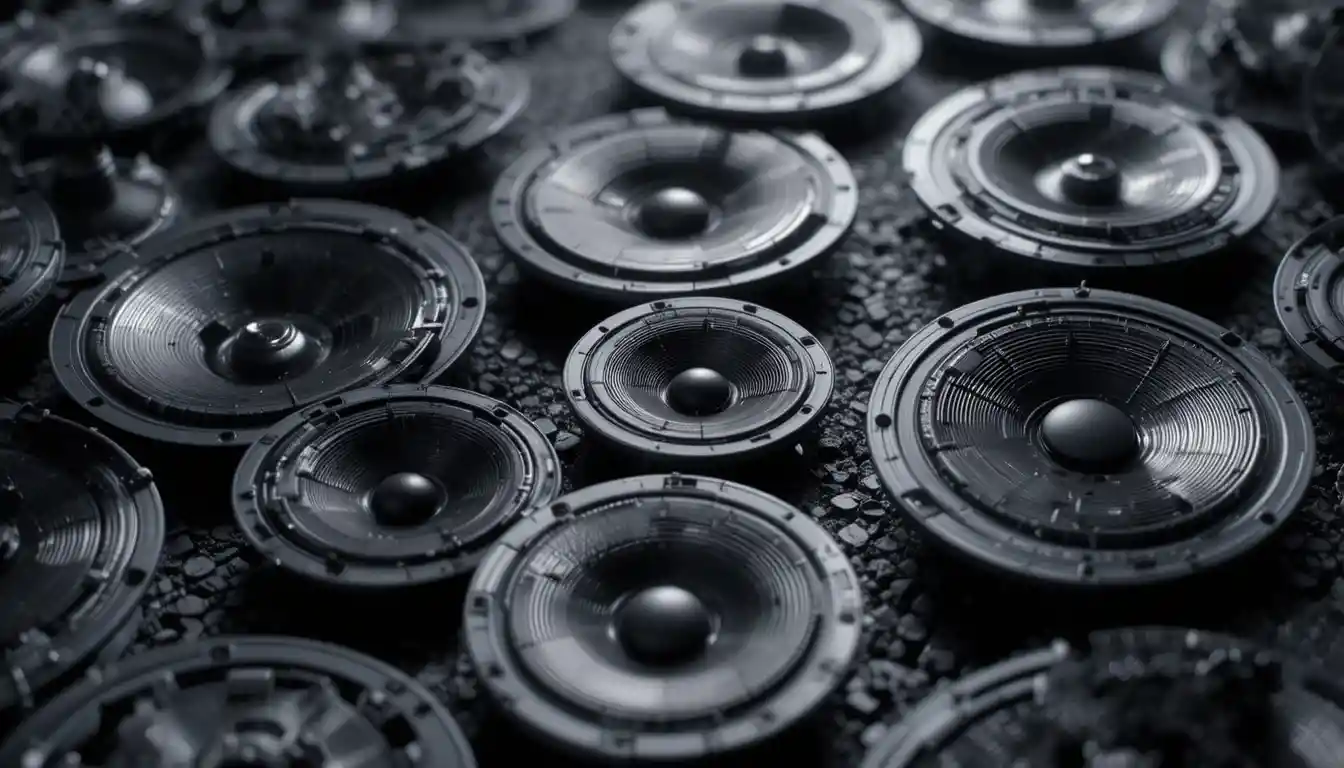Miniature speaker diaphragms on a dark patterned surface