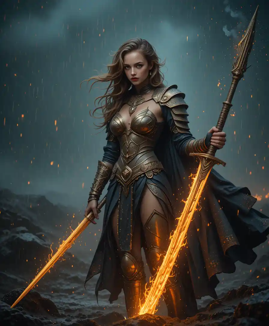Valiant female warrior on a stormy fantasy battlefield