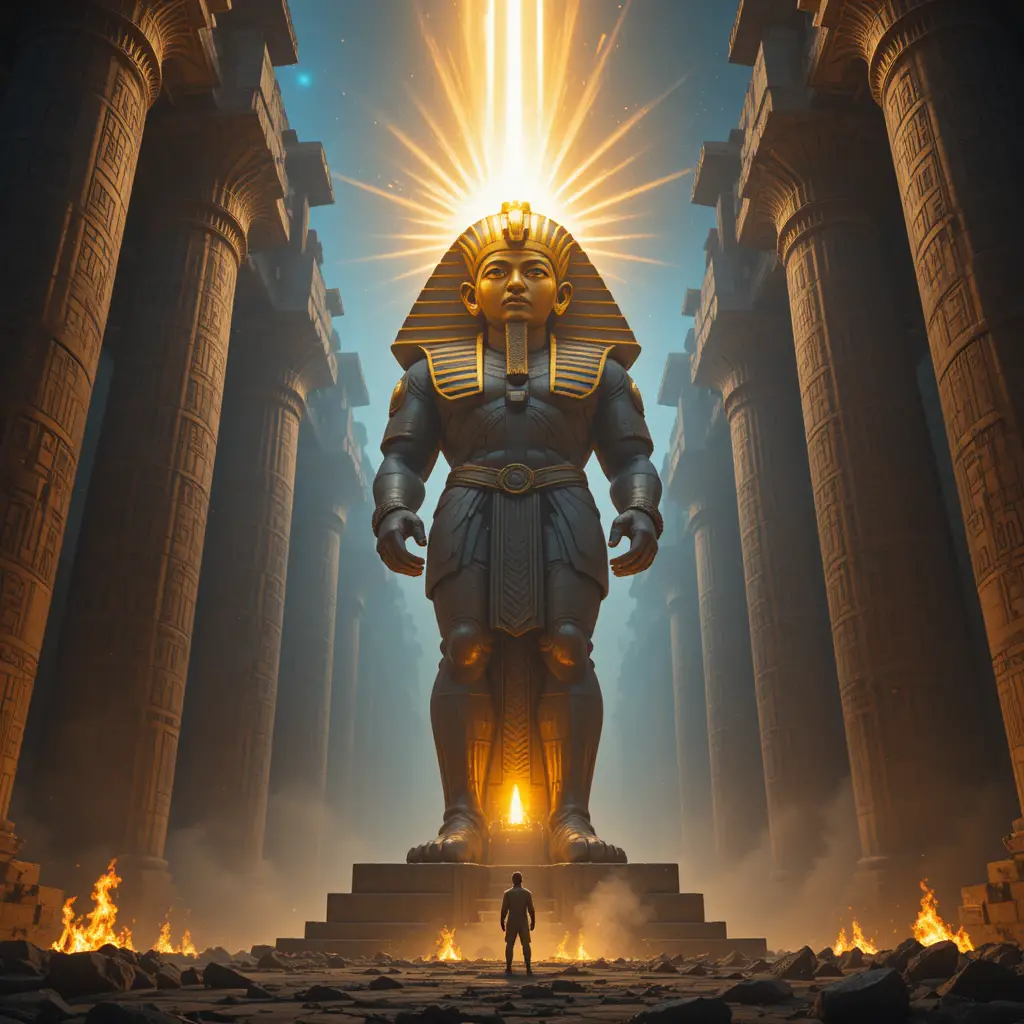 Colossal glowing pharaoh statue in ancient temple ruins