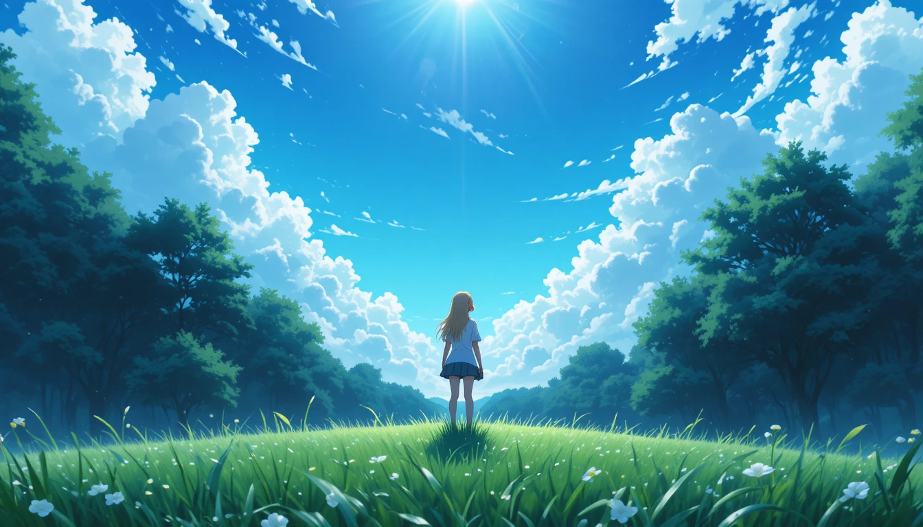 Anime-Mädchen steht im Gras und blickt zum Sternenhimmel