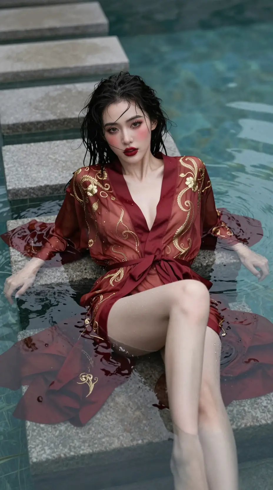 Young woman reclining in a shallow reflecting pool