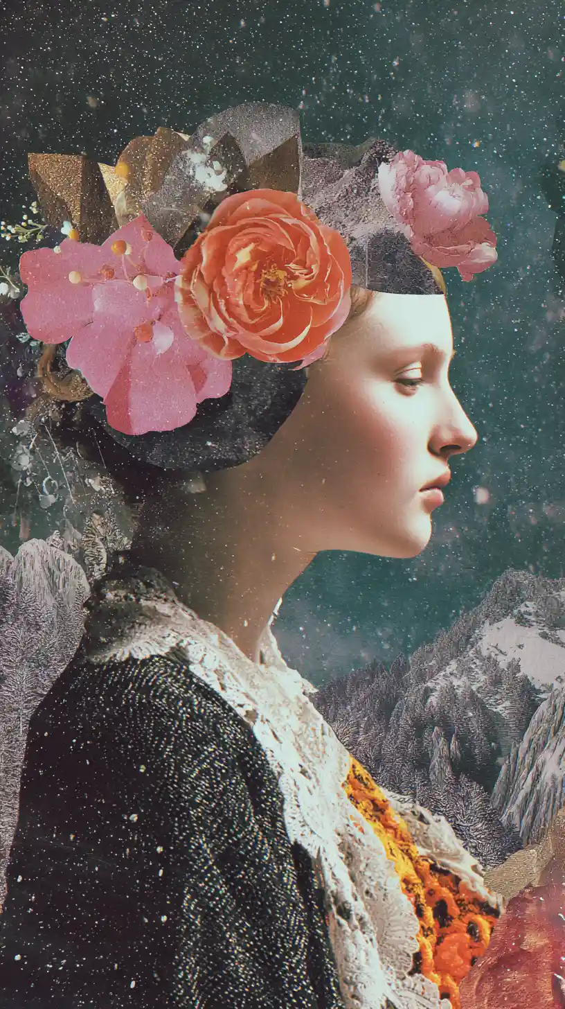 Rosa antropomórfica enfadada gritando en un collage vintage surrealista