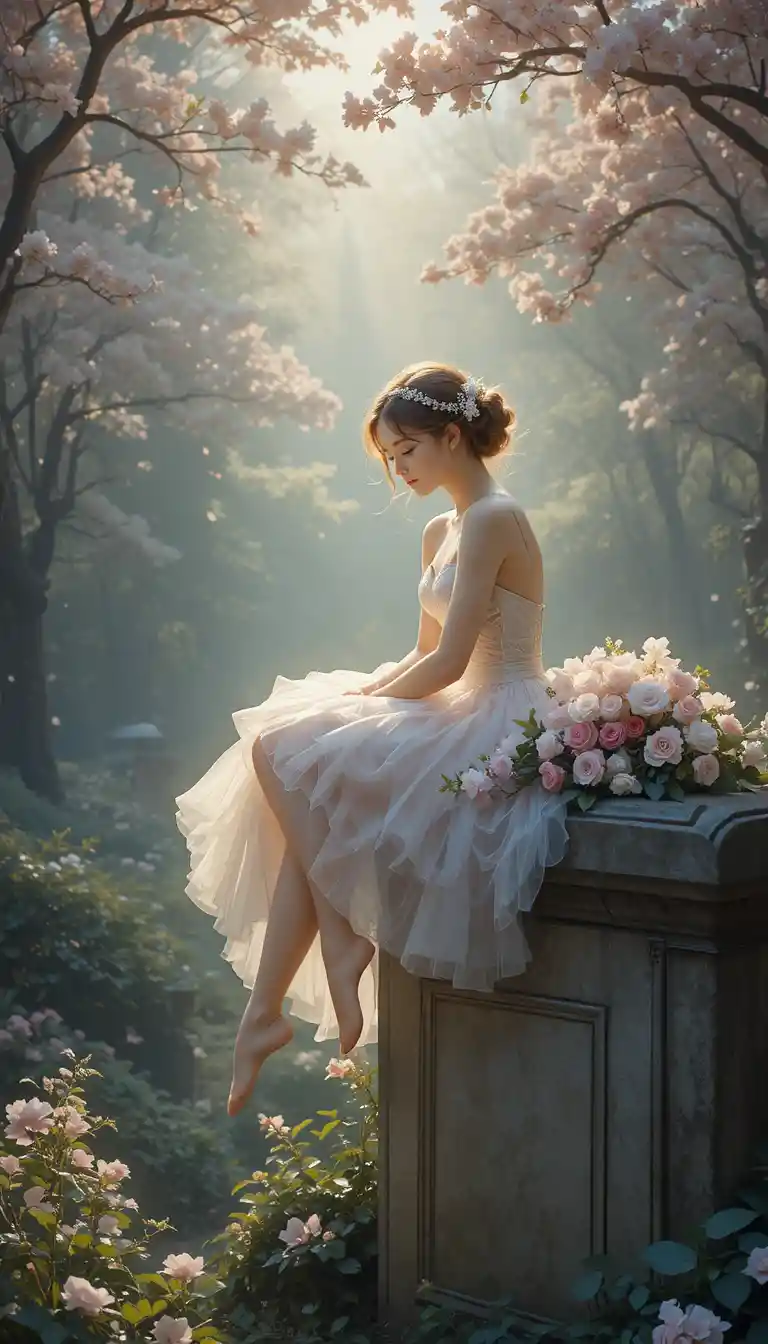 Ballerina Resting Thoughtfully On A Tombstone At Dusk