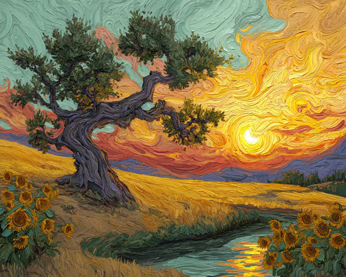Ancient Oak Tree At Sunrise Over Golden Sunflower Field