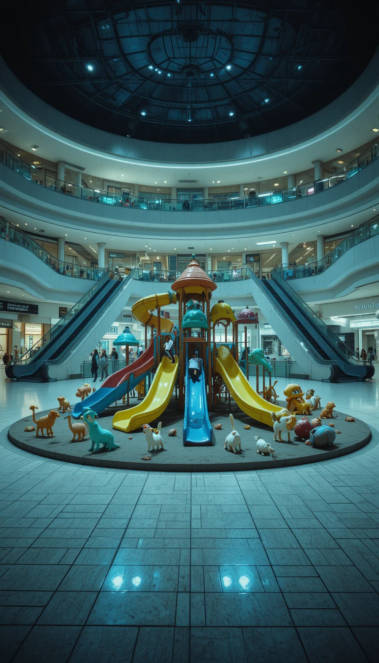Parque infantil interior vacío en un centro comercial con toboganes de noche