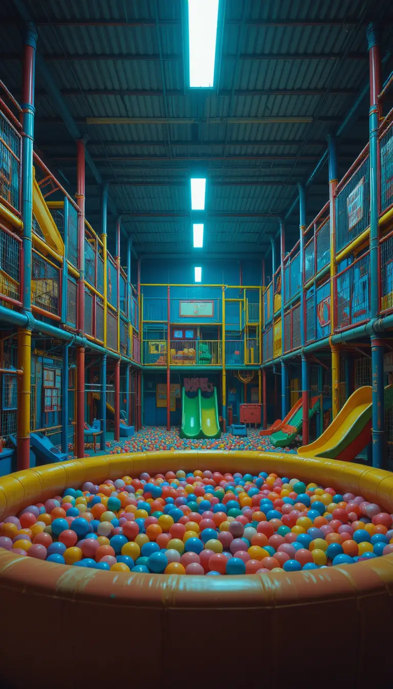 Empty indoor playground with colorful structures and ball pit
