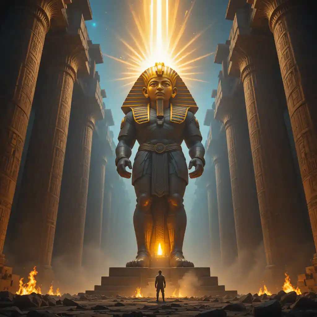 Colossal glowing pharaoh statue in ancient temple ruins