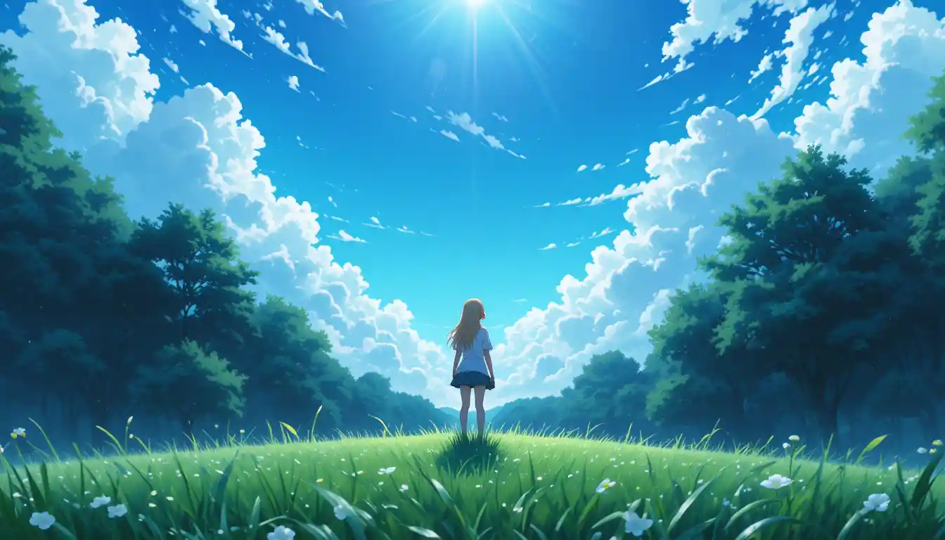 Anime-Mädchen steht im Gras und blickt zum Sternenhimmel