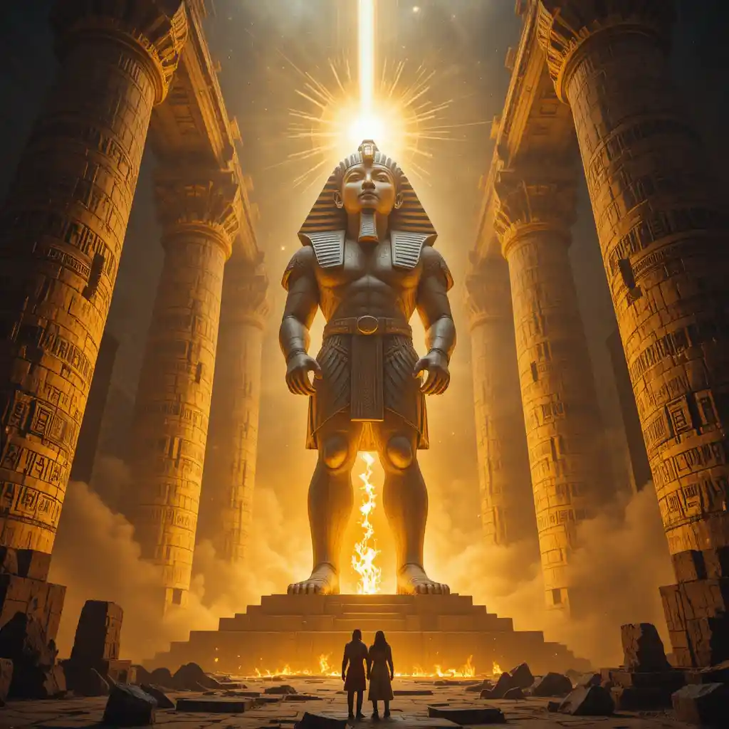 Colossal glowing pharaoh statue in an ancient temple