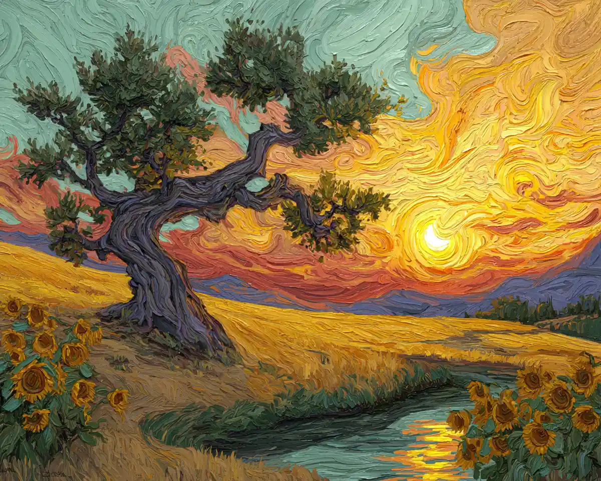 Ancient Oak Tree At Sunrise Over Golden Sunflower Field