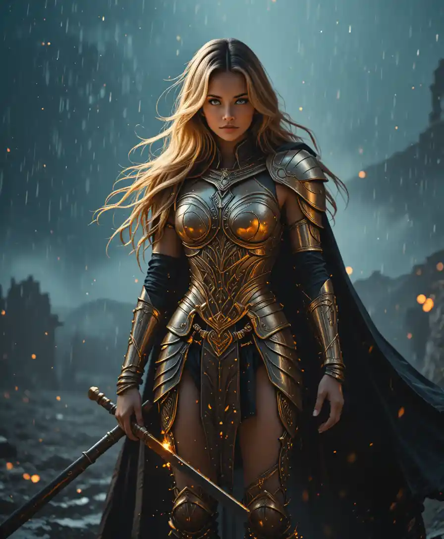 Valiant female warrior on a stormy fantasy battlefield