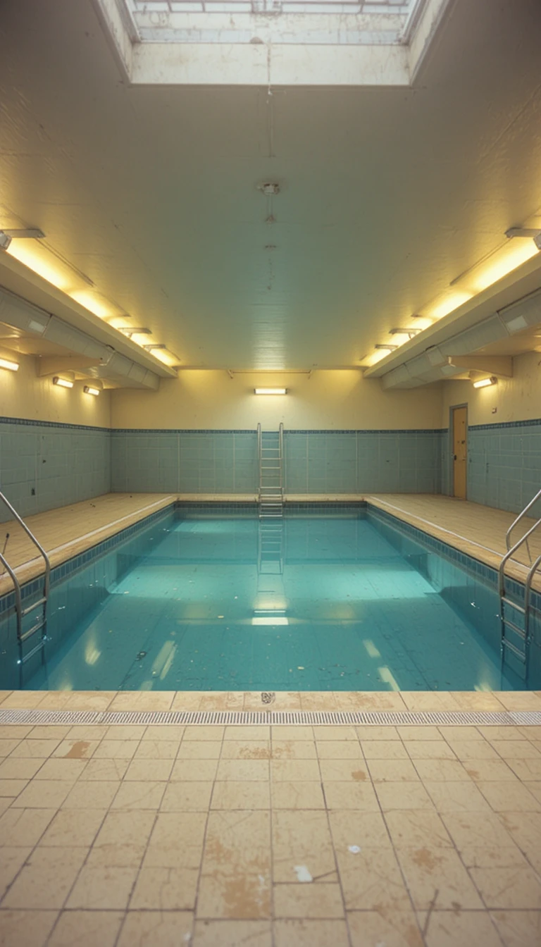 Piscina interna vazia com escadas e azulejos azul‑claro