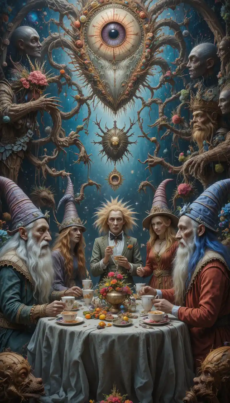 Dwarves And Scarecrows At A Surreal Wonderland Tea Party