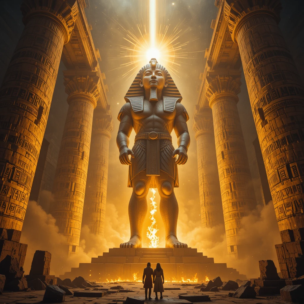 Colossal glowing pharaoh statue in an ancient temple