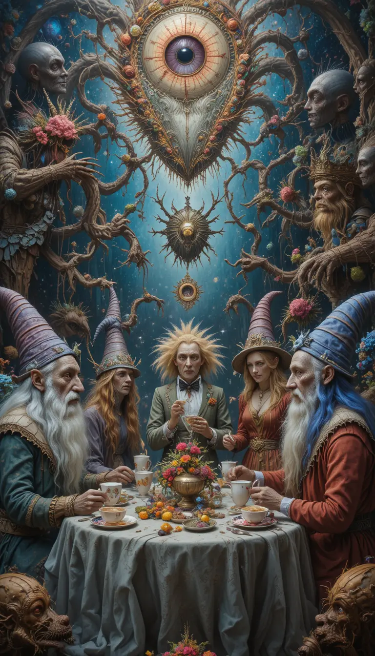Dwarves And Scarecrows At A Surreal Wonderland Tea Party