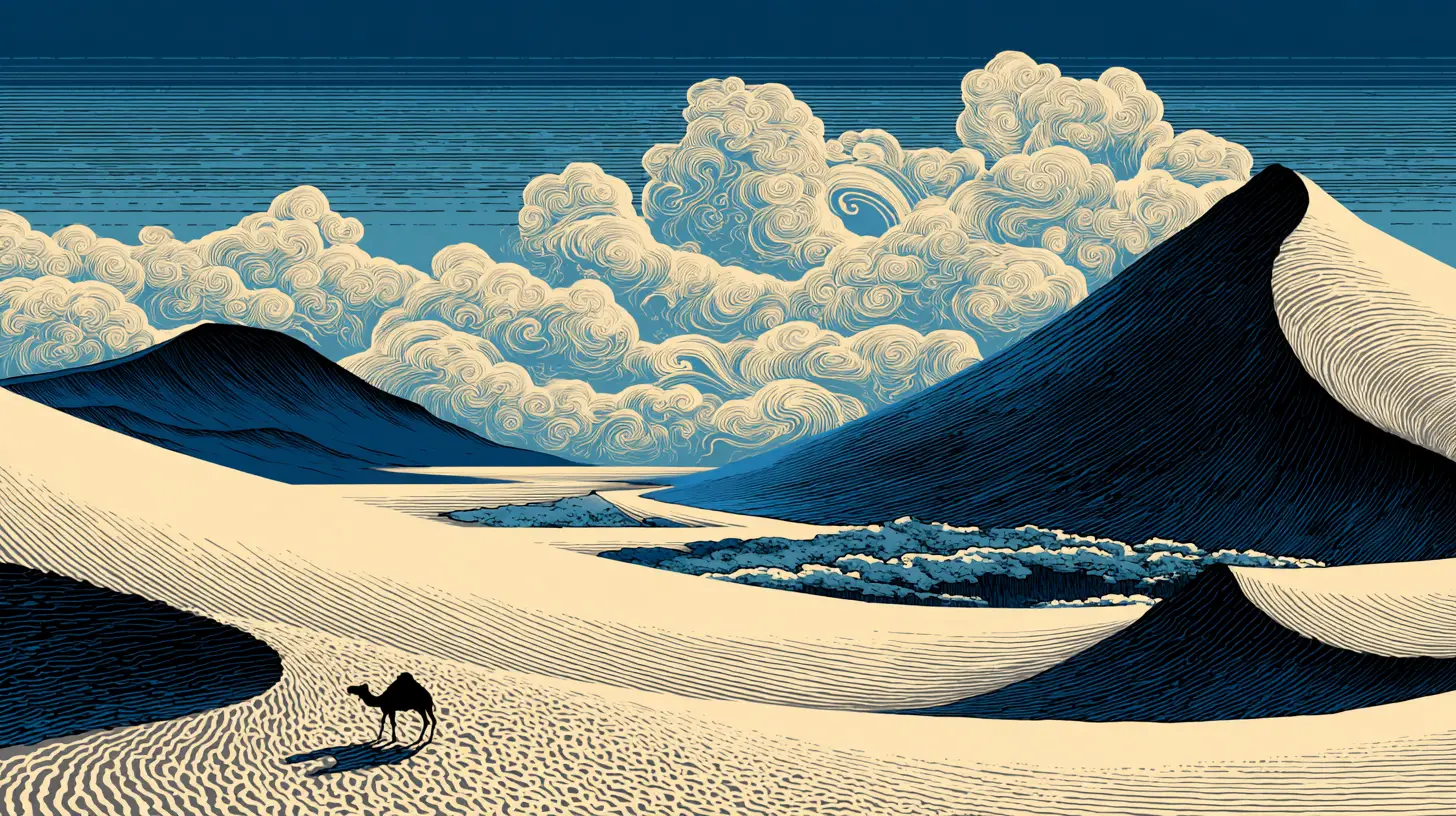 Ukiyo e desert landscape with oasis and camel