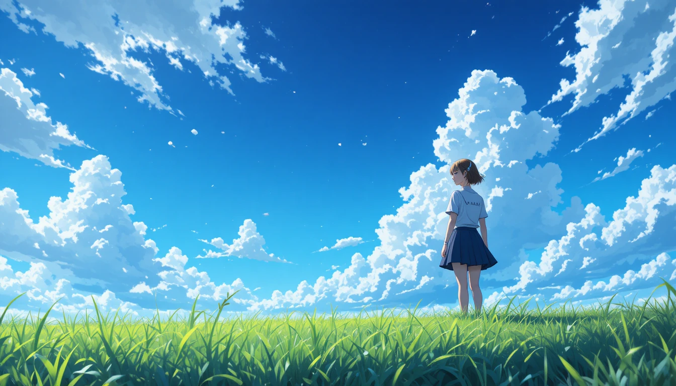 Anime-Mädchen steht im Gras und blickt zu den Sternen hinauf